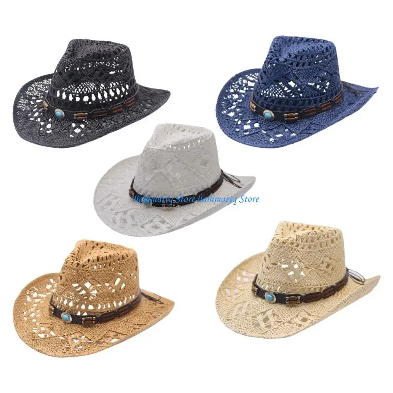 

573B Classical Western Straw Hat Large Brims Breathable Hollowed Sun Hat For Vacation