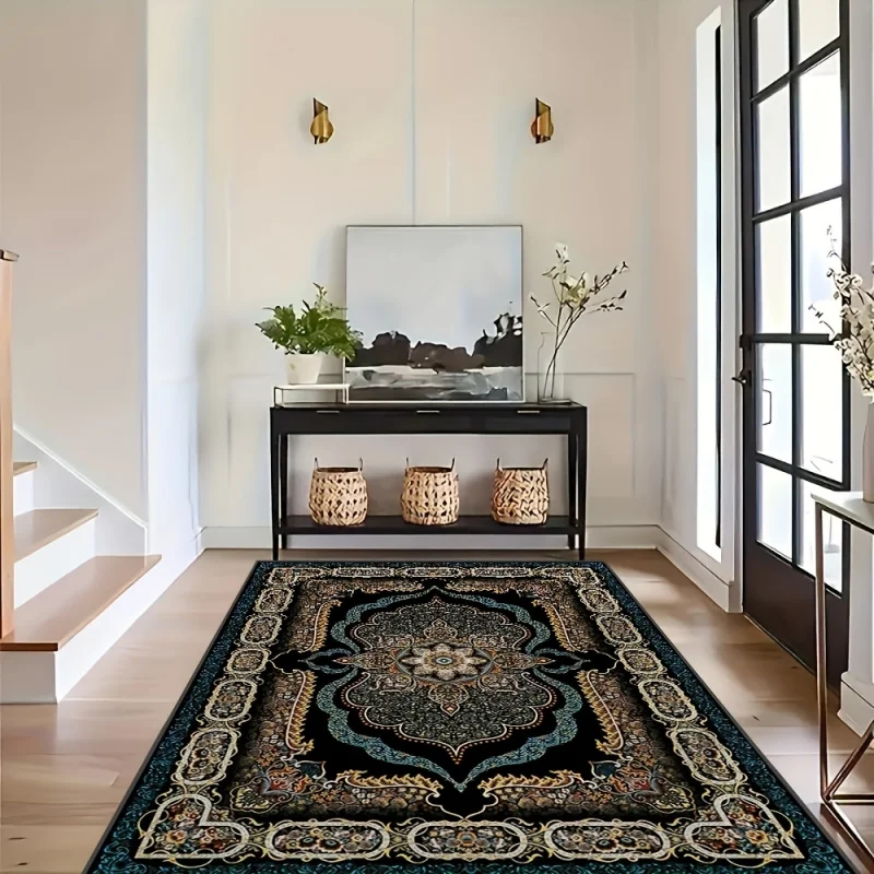 VIKAMA Vintage Persian Medallion Area Rug Black Teal Floral Border Non Slip Large Floor Mat Oriental Living Room Home Decor Foot