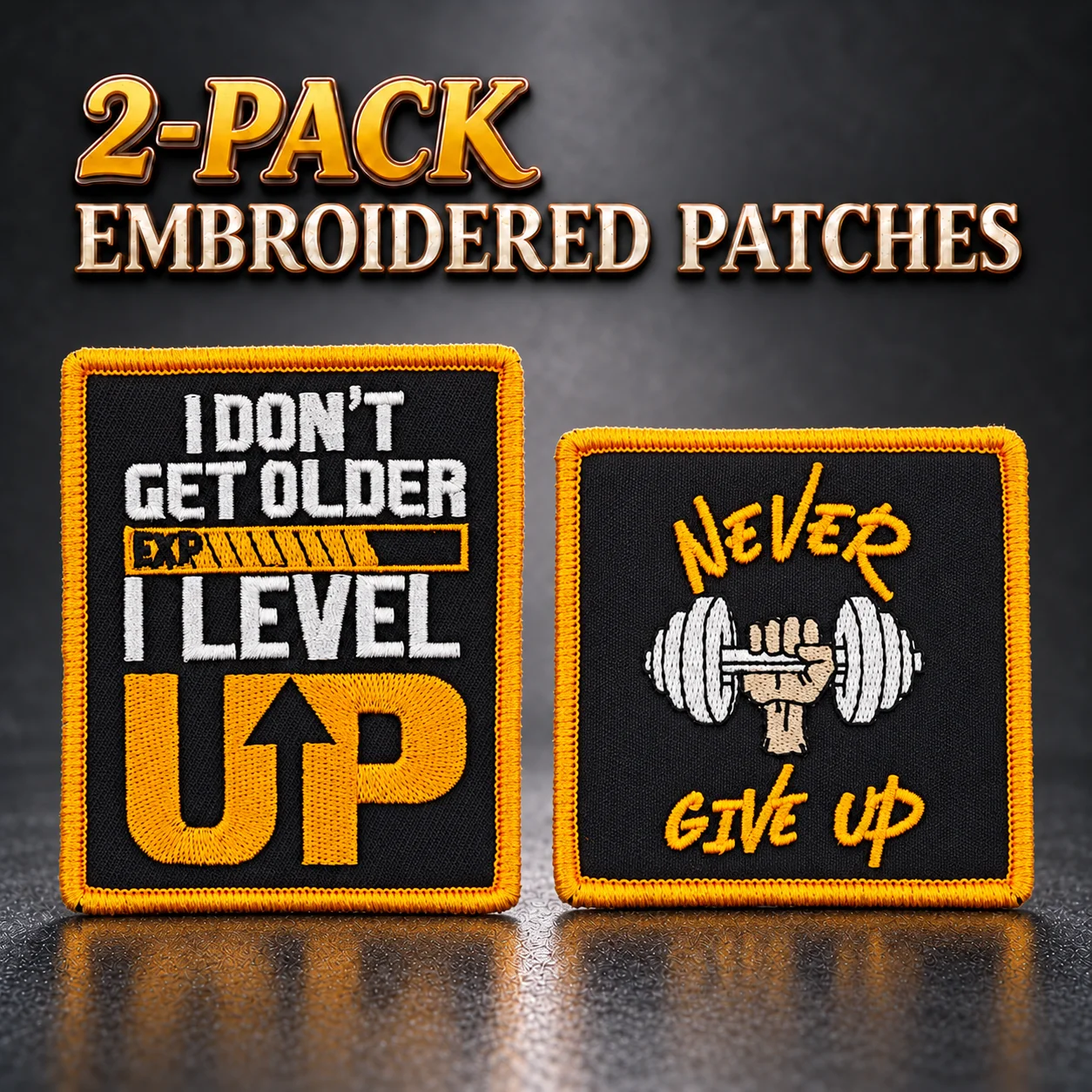 2 Pack Gamer Gym Embroidered Patch Level Up Never Give Up Funny Motivational Sew On or Hook and Loop Badge for Hat Gym Bag