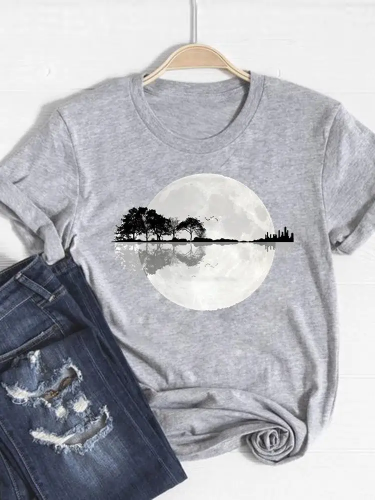 Bedrucktes T-Shirt Kurzarm Sommer-Top Modische Kleidung Damen Aquarell Süßer Trend Grau Basic Tee Grafik-T-Shirt