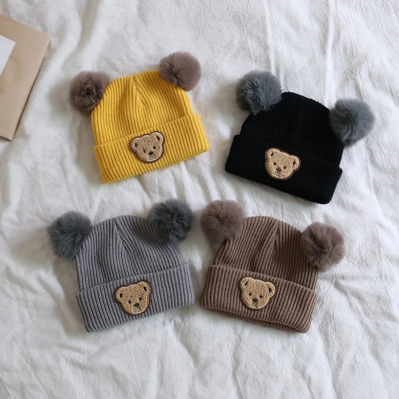 Winter Warm Baby Knitted Hats With Pom Pom Kids Knit Beanie Hats Solid Cute Cartoon Children\'s Hat For Boys Girls Accessories