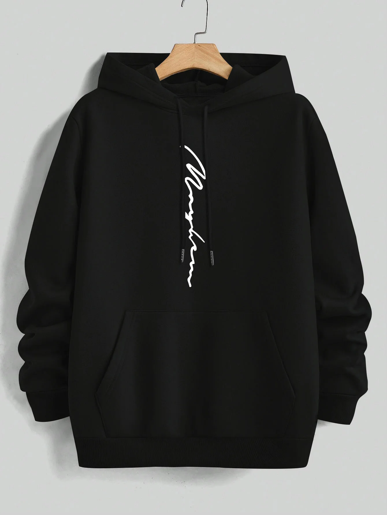 Moletom Masculino de Lã com Capuz Estampado de Assinatura em Cursiva, Quente para o Inverno, Roupa Esportiva, Moletom Casual Solto para Treino