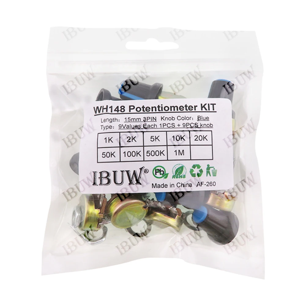 18PCS (9Values + 9Knobs) WH148 Potentiometer Kit (1K-1MΩ 15mm 3PIN) with Blue Knobs DIY Circuit Adjustment & for Audio Equipment