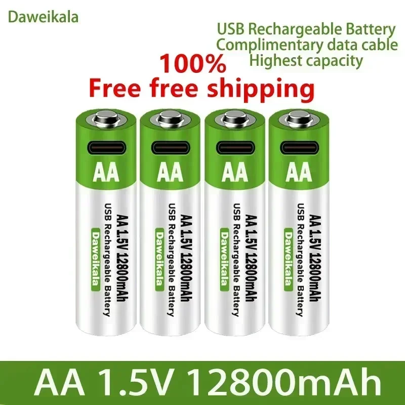 2024 New 1.5V USB AA Rechargeable Battery 12800 mAh Li-ion Battery for Remote Control Mouse Electric Toy Battery + Type-C Cable