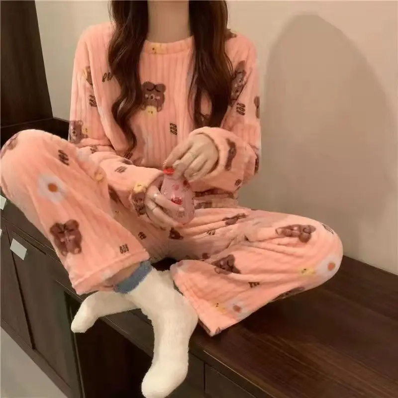 Autumn Winter Warm Flannel Fleecing Women Pyjamas Sets Long Sleeve Thick Coral Velvet Cartoon Sleepwear Thin Flannel Pajamas Set