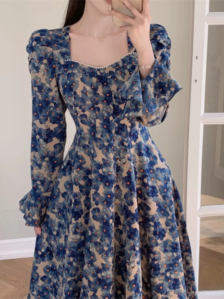 Spring Autumn Vintage Long Oil Painting Flowers Party Dress for Women Pearl Square Collar Fabulous Dresses Evening Robe 2023