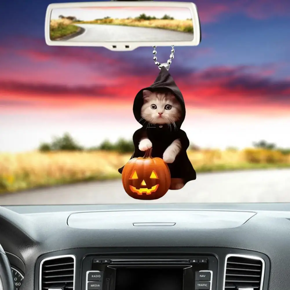 2D Cat Car Hanging Decoration Halloween Festival Auto Rearview Mirror Pumpkin Wizard Kitten Animal Acrylic Hanging Ornament