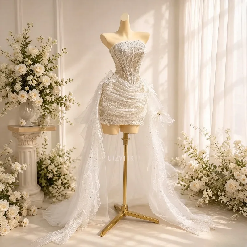 Luxury Hand Beaded Strapless Corset Mini Bridal Gown Ivory 3D Floral High Low Tulle Train Wedding Dress For Birthday Photoshoot