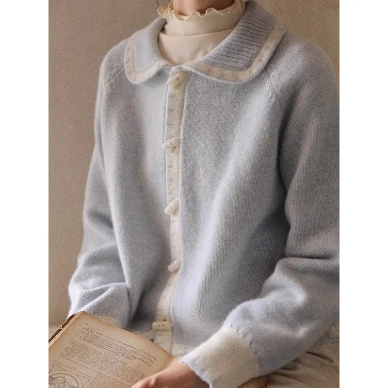 

Вязаный свитер с лацканами молочно-голубого цвета и пуговицами, кардиган, весна и осень 2024, новая нежная ленивая куртка