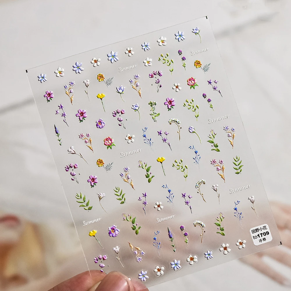 1 SZT. - Kolorowe Suszone Kwiaty Naklejki na Paznokcie 5D Kawaii Stokrotki/Kwiaty/Liście Ozdoby do Paznokci 8x10cm Manicure Mini Chic Floret Slider