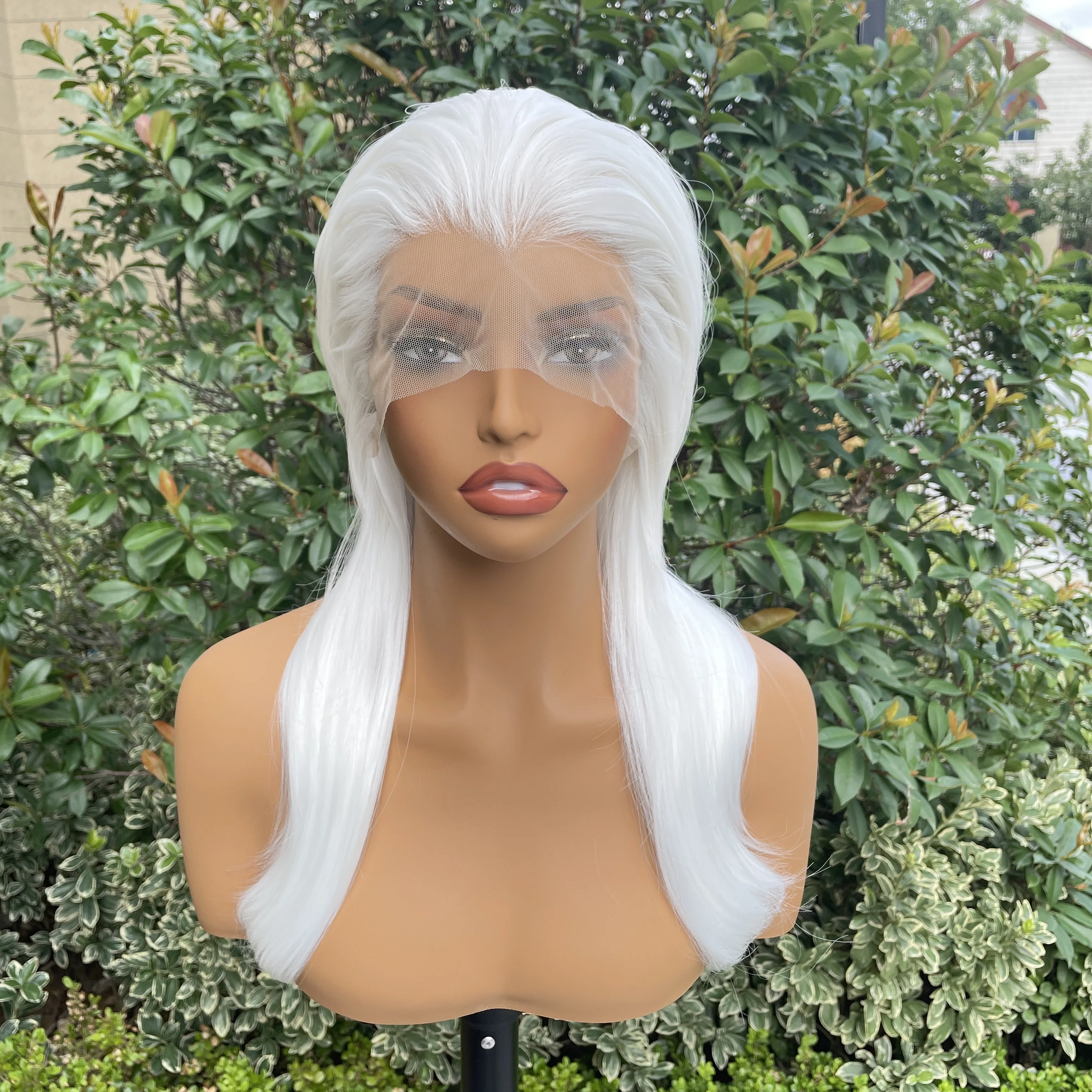 

Widow‘s Peak Mullet Shoulder Length White Wig for Woman Layers Ponytails Glueless Wig Synthetic 13x4 Lace Front Wig for Man