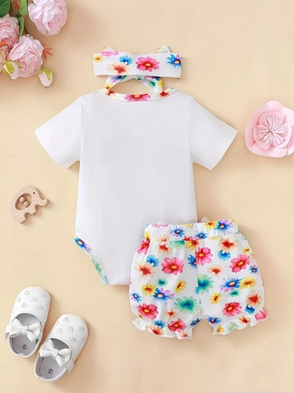 طقم ملابس للأطفال حديثي الولادة مكون من 3 قطع: بدلة على شكل فيل بألوان مائية + شورت مزين بالزهور + عصابة رأس على شكل فيونكة - ملابس ربيعية/صيفية لطيفة