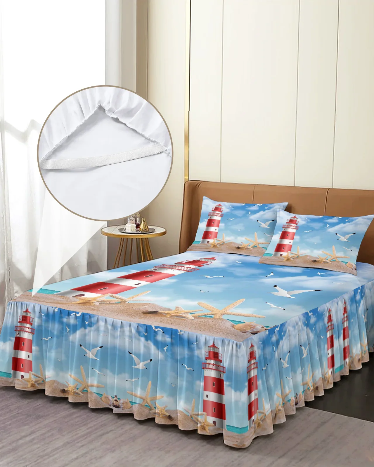 Sea Beach Lighthouse Starfish Seagull Bed Skirt Elastic Fitted Bedspread With Pillowcases Mattress Cover Bedding Set Bed Sheet