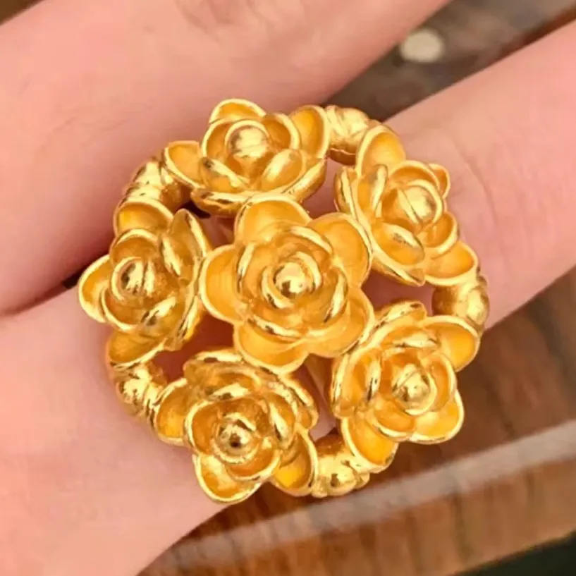 

Fashion Romantic Rose Bouquet Design Ring Women 24K Gold AU999 Simple and Noble and Eye Catching