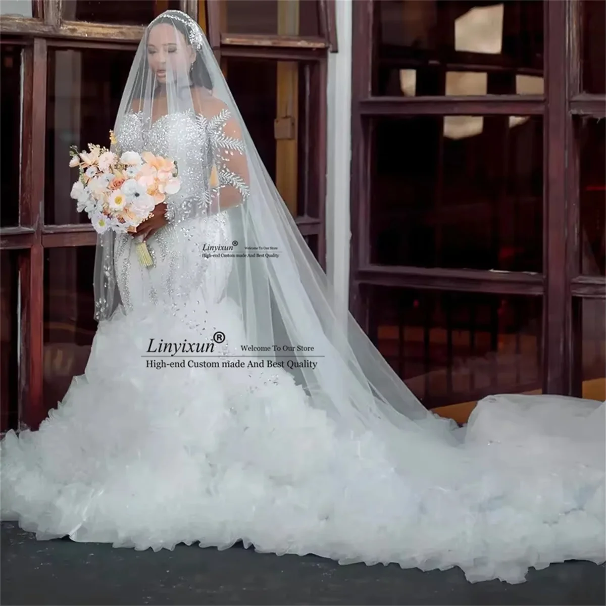 Customized African Elegant Ruffled Mermaid Wedding Dress New Thick Crystal Beaded Dream Sleeve High Quality Vestidos De Novia