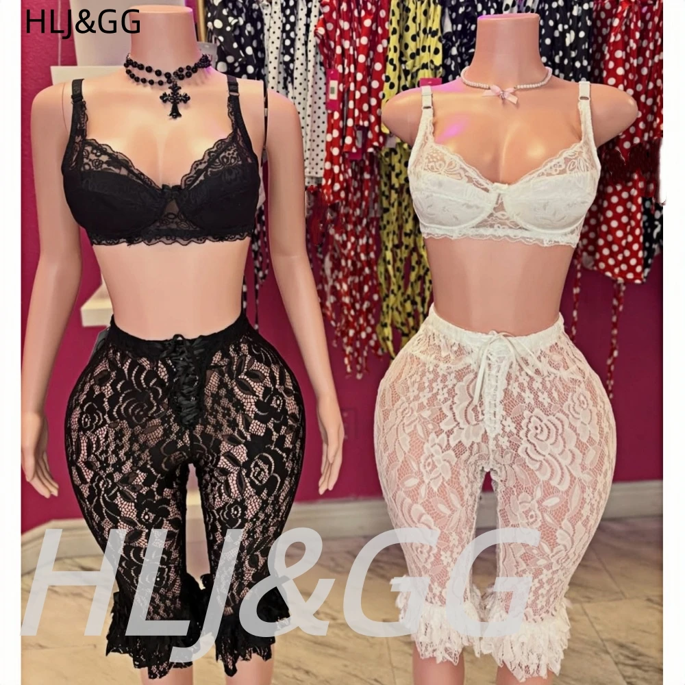 HLJ&GG Sexy Lace See Though Bandage Shorts Two Piece Sets Women V Neck Spaghetti Strap Bra And Shorts Outfits Fashion Streetwear