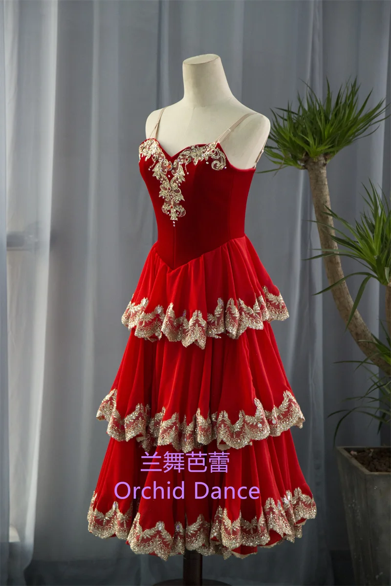 Kids Girls Women Custom Size Professional Spanish Dance Performance Wear Red Romantic Ballet Tutu Dress