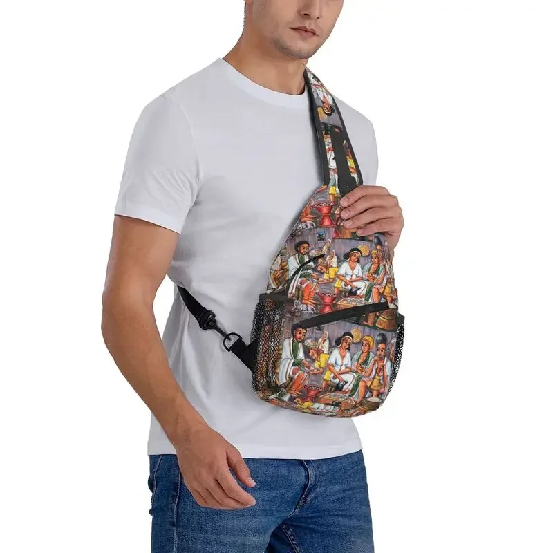 Mochila cruzada de Ceremonia de café etíope personalizada para hombres, bolso de hombro de pecho para viajes, senderismo, mochila de día