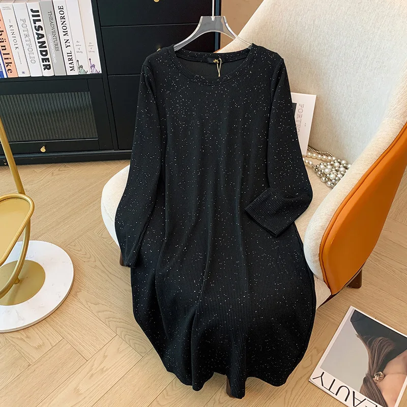 150Kg Plus Size Women\'s Bust 143 Spring Autum Loose Round Neck Mid Length Slit Dress Black Brown 5XL 6XL 7XL 8XL 9xl