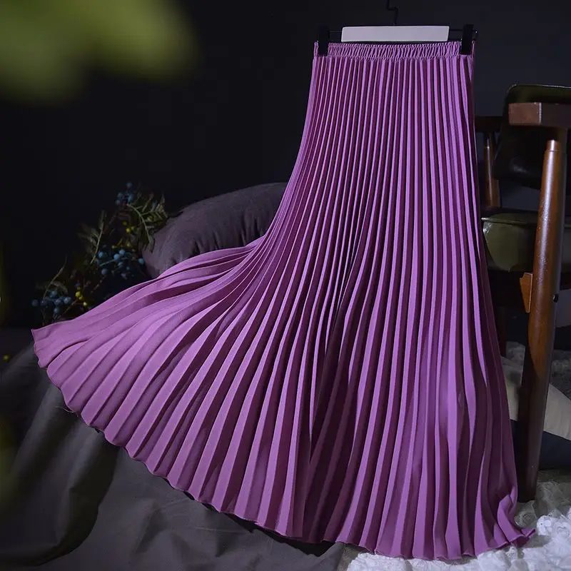 Casual Solid Color Pleated 2023 New Ice Silk  Skirt with Dropping A-line Large Swing Mid Length Slim Fairy Lady Long Skirt