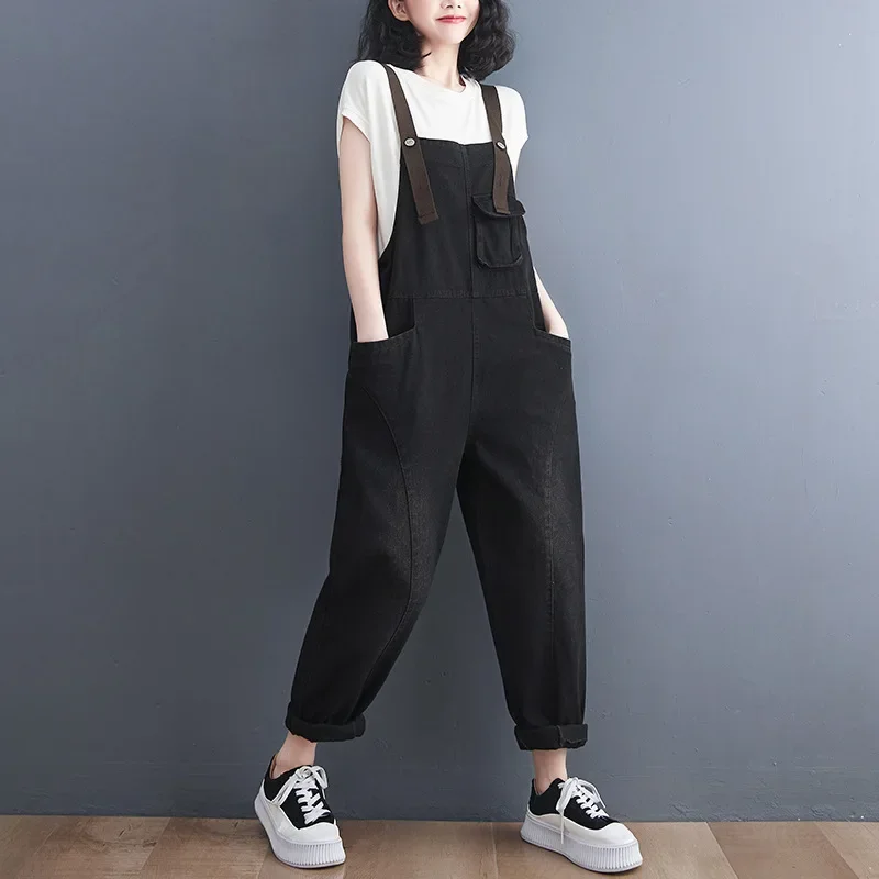 Women Sleeveless Denim Rompers Spring Autumn Vintage Jumpsuits Loose Wide Leg Pants Female Casual Pocket Overalls Playsuits