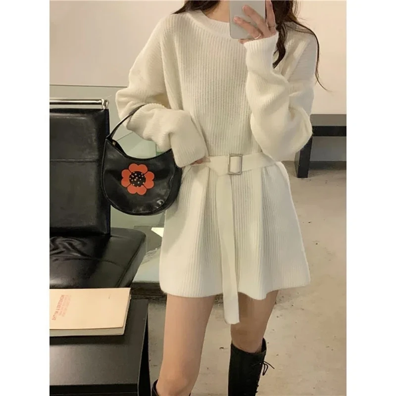 여성용 허리 조임 모직 원피스, 레이지 스타일 아우터, 트렌디한 디자인, 중간 길이 니트 탑, 새로운 스타일