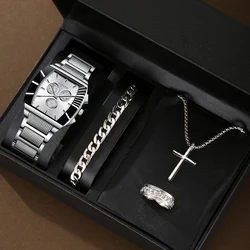 Men's fashion business style square dial alloy quartz watch + cross three-piece