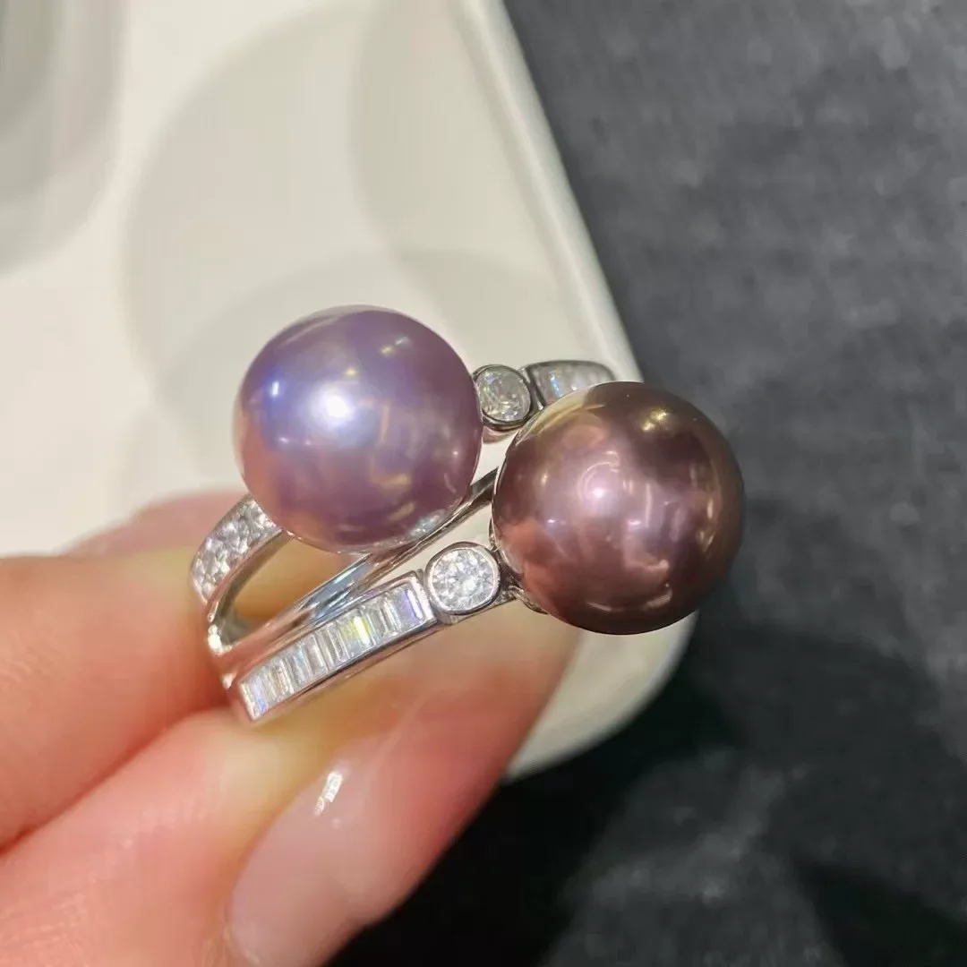 New Pearl AAAA8-10mm Natural Double Pearl Ring 925s - Adjustable Ring Mouth