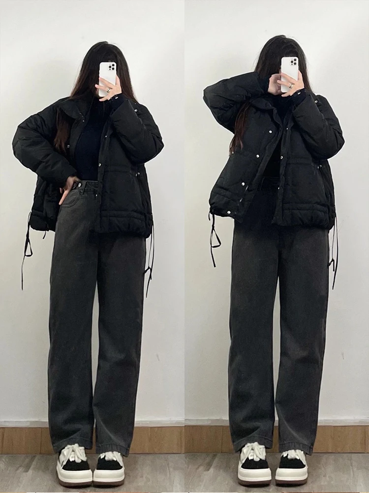 

Женские джинсы с широкими штанинами и регулируемой талией, больших размеров, удобные, свободного кроя, с высокой талией, из смесового хлопка, в корейском стиле, повседневные брюки