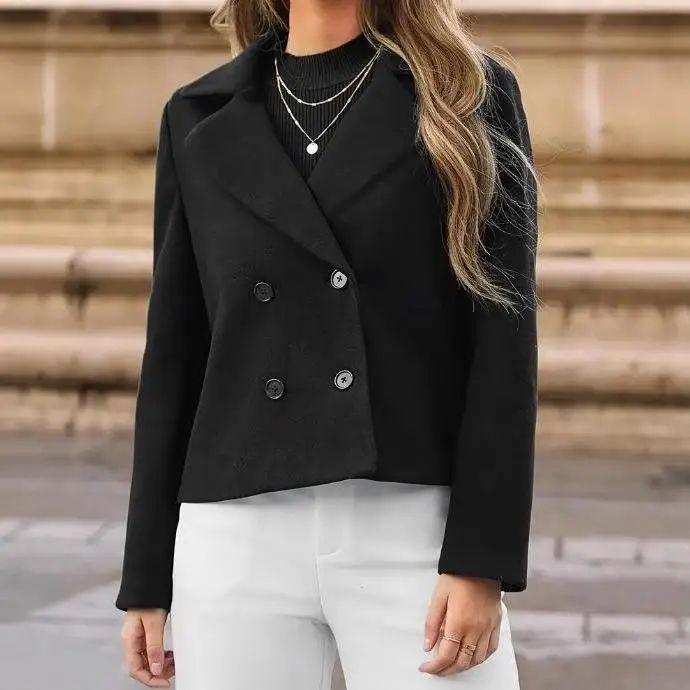 

Ele Simple Pure Color Women's Woolen Jaet Autumn Winter Double Breasted Casual ort Coat Flip Collar Long Sve