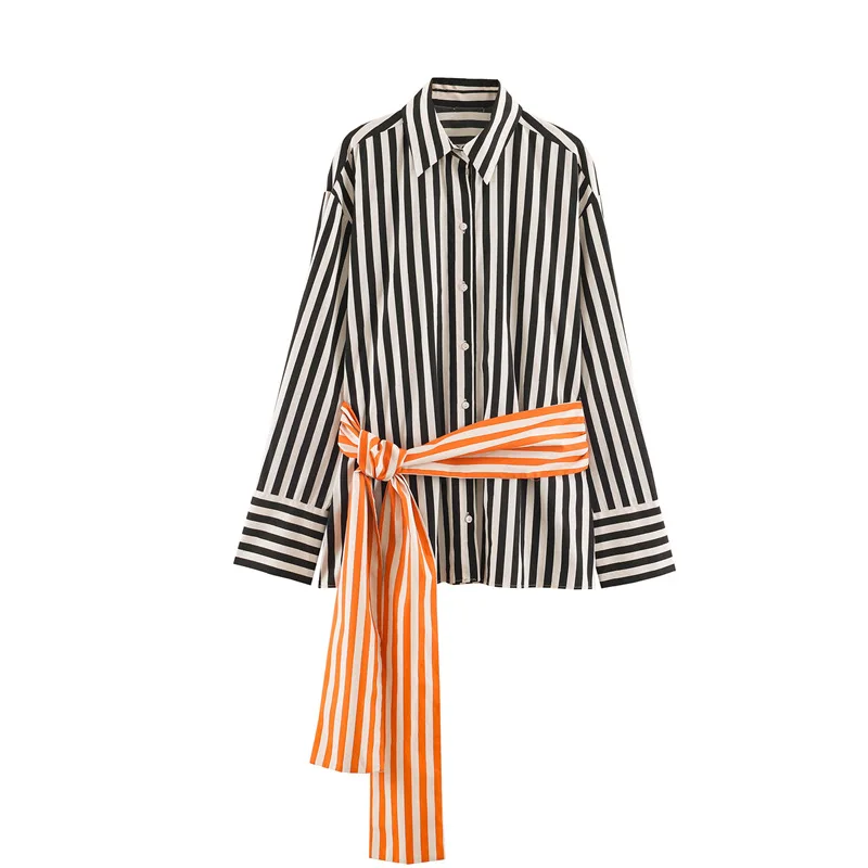 SuperAen 2026 Spring and Summer New European Style Women's Fashion Casual Loose Patchwork Belt Striped Shirt Mid-length Shirts