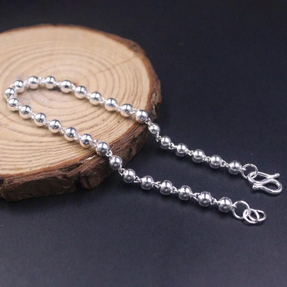 Real 999 Fine Silver Bracelet 4mm Bead Link Chain 7.48inch Stamp on Clasp