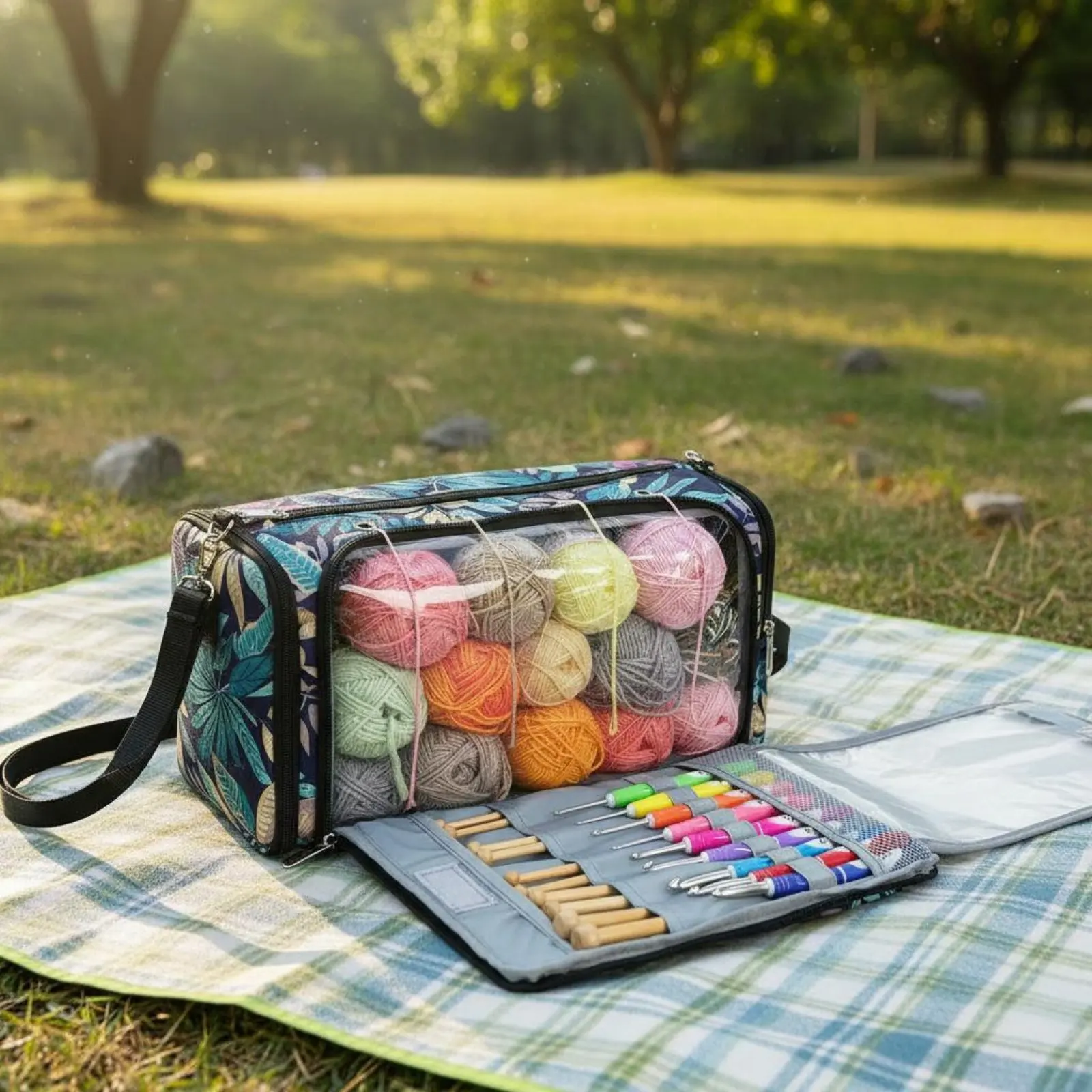 Knitting Bag Double Layer Knitting Project Bag Crochet Hook Case Travel Friendly Craft Organizer Sturdy for Outdoor