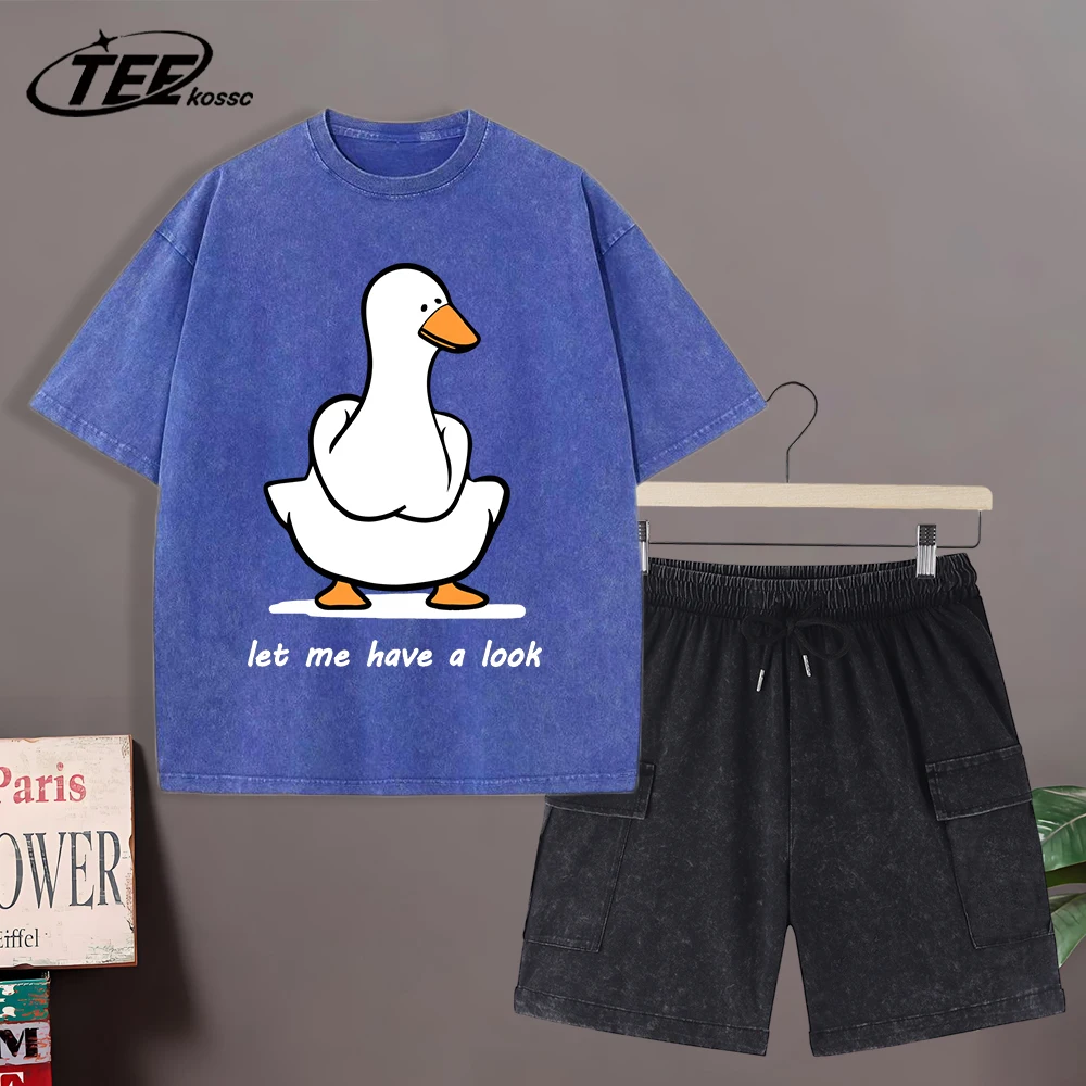

Let Me Have A Look Goose Print Washed T-Shirts Men Soft Cotton T-Shirt Street Fashion Clothing Unisex Retro Short Sleeve Suit