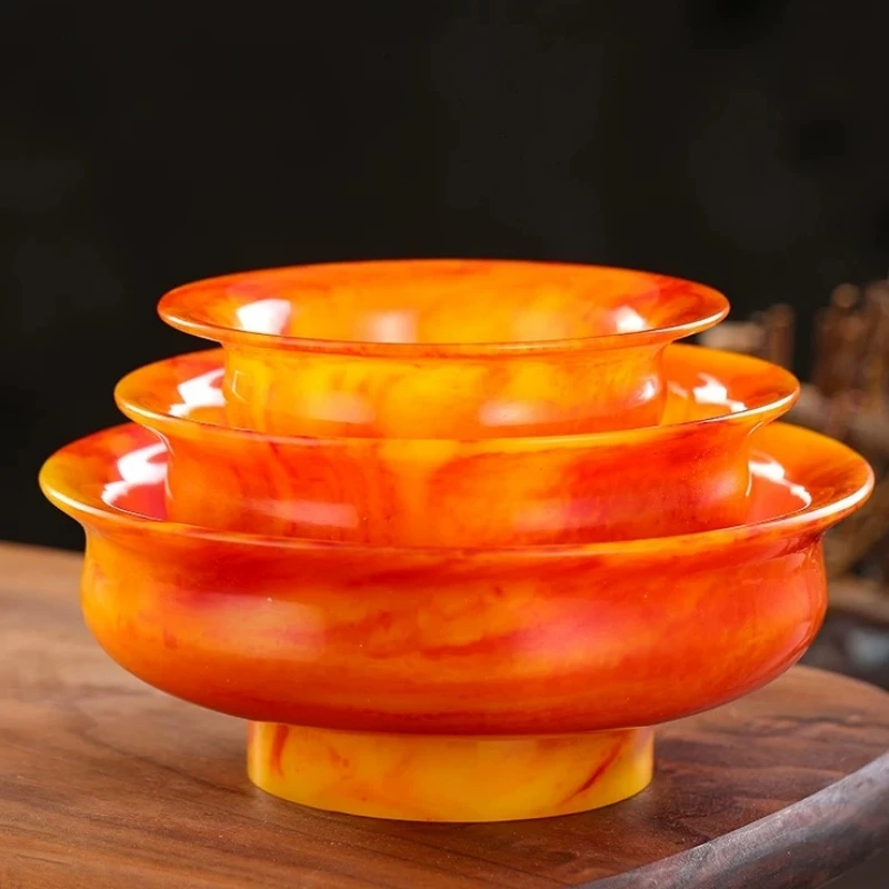 Tibetan Amber Holy Water Bowl,Tantra Brown Buddhism Altars Luster Bowl,Buddhist Religious Item Tray Living Room Decorative,15 cm
