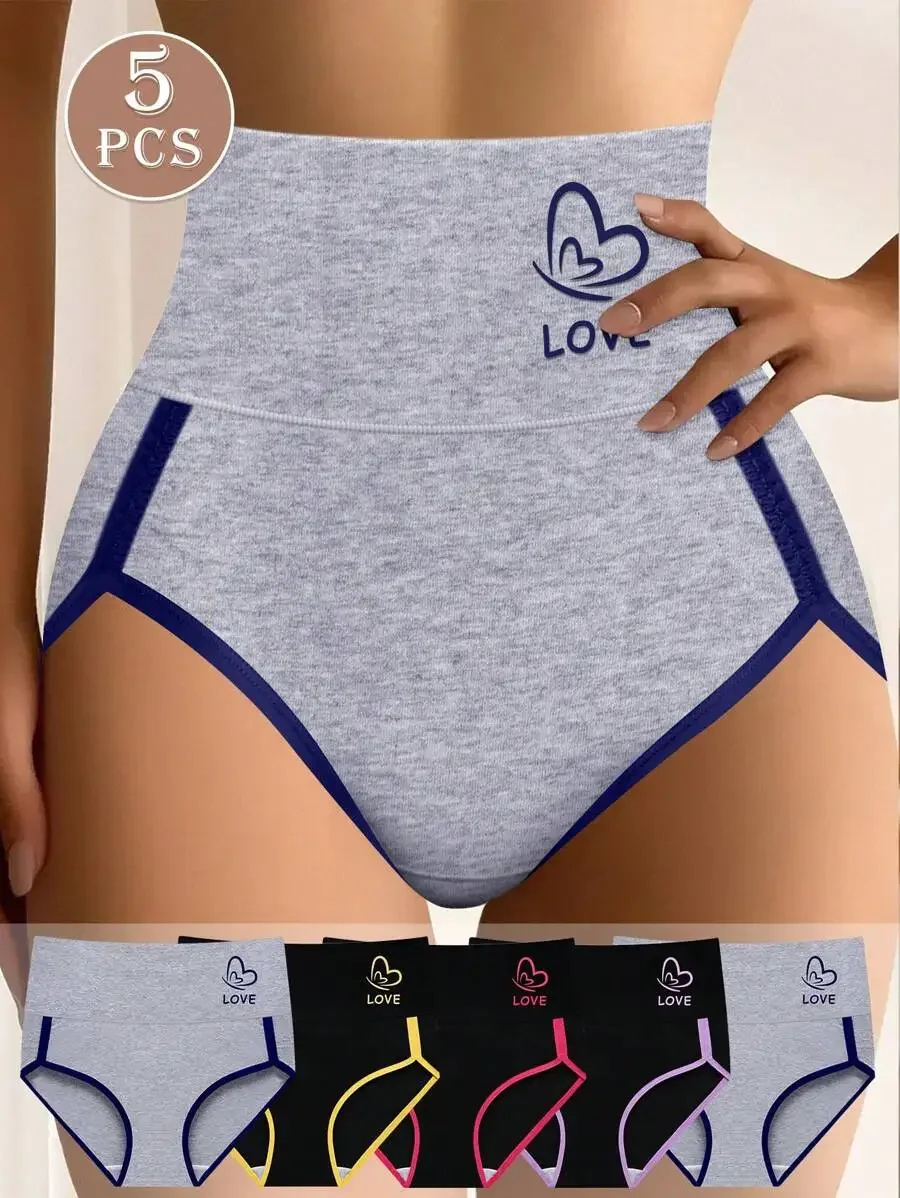 

5 Pcs Women High Waist Triangle Briefs With Contrast Trim And Love Embroidery