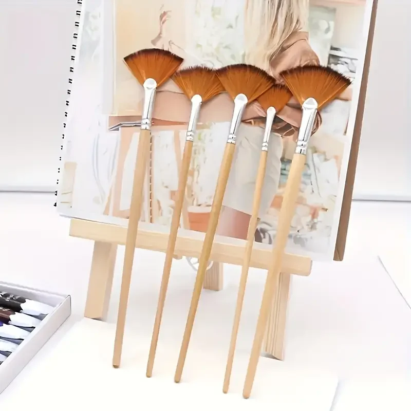 5pcs Fan Brush Set for Acrylic & Watercolor Painting - Nylon Bristles, Oil Paint Compatible