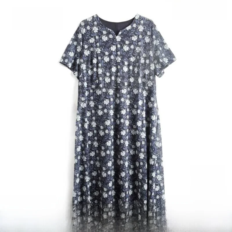 plus Size Women's Summer New V-ne Floral Pattern ort Sve Midi Dr Trendy 32420284 Polyester Fiber Comfortable Fit