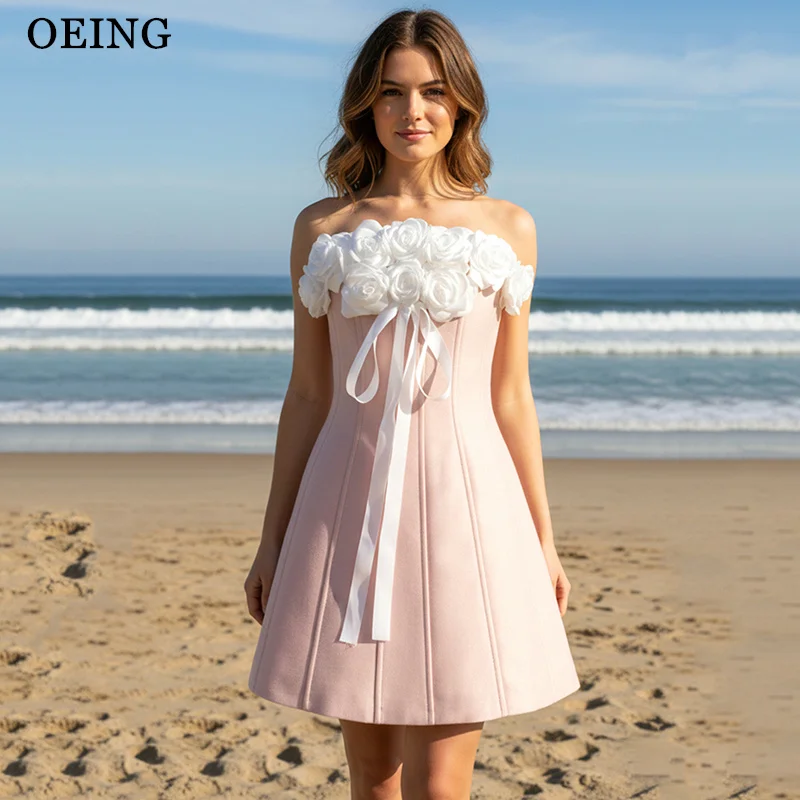 

OEING Simple A-Line Pink Prom Dresses Strapless 3D Flowers Mini Party Gowns платье платье вечернее Customi