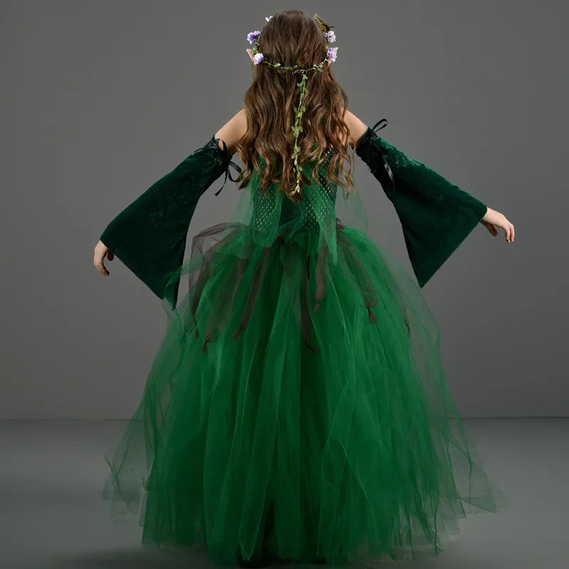 

Theeper Long Maxi Dress Dark Green Forest Style Evening Gown Halloween Outfit Medieval Costume Party Performance Flowy Formal