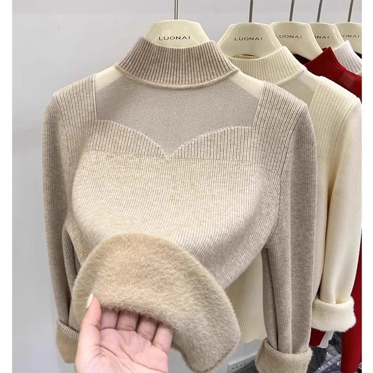 Retro Christmas Red Sheer Knit Sweater Women Fleece-lined Thicjened Soft Sweet Warm Bottoming Shirts Winter Jumpers Knitwear