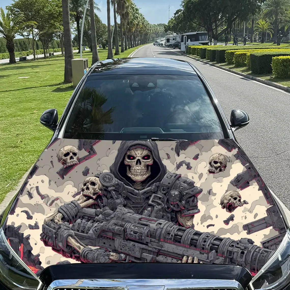 Trendy Sci - Fi Mechanical Skull - themed PVC Car Engine Hood Vinyl Wraps, Self-Adhesive Waterproof Car Hood Decal Sticker, Car