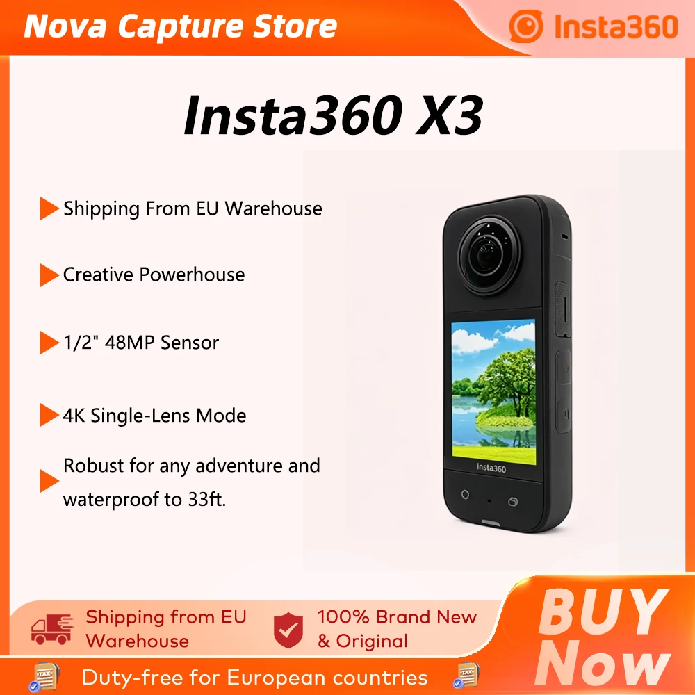 EU-Lagerbestand Insta360 X3 – Sturzfeste Action-Kamera mit 1/2-Zoll-48MP-Sensoren, 5.7K Active HDR Video, 72MP Foto, 4K Single-Lens Insta360 X3 Kamera