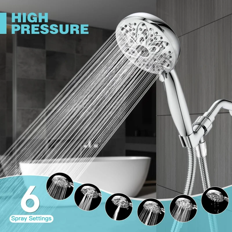 

High Pressure Shower Head 6 Setting Handheld with 59 Inch Hose Adjustable Bracket Anti Clog Nozzles for Bathing Pets Babies