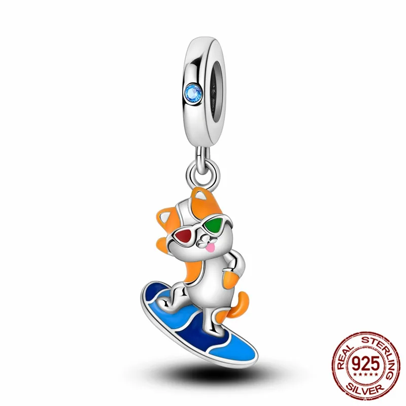 

925 Sterling Silver Surfing Dog Charm Bead, for use with original bracelets, women's DIY jewelry.