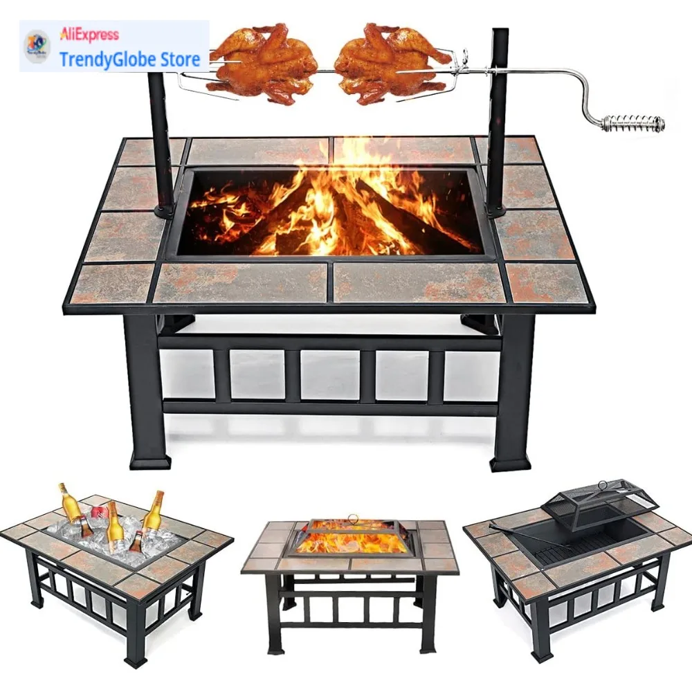 

37 Inch Outdoor Square Wood-Burning Fire Pit Table with Grill for Large Bonfire and Cooking