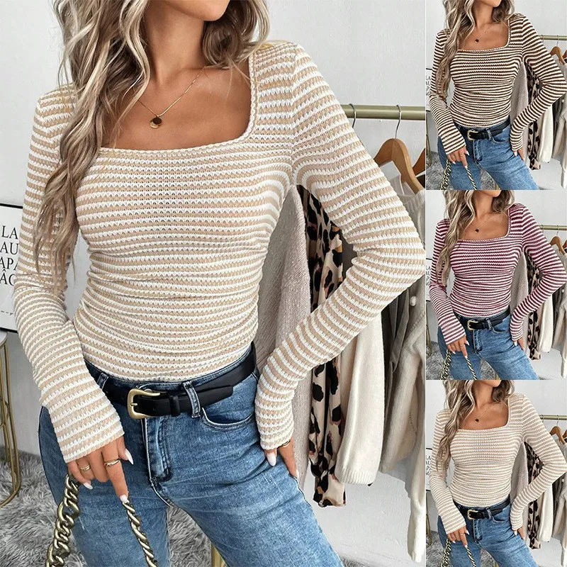 

Women T Shirt Square Neck Striped Casual Women'-shirt Cotton Crop Top Slim Fit Beige White Ribbed Texture Long Sleeve T Shirt