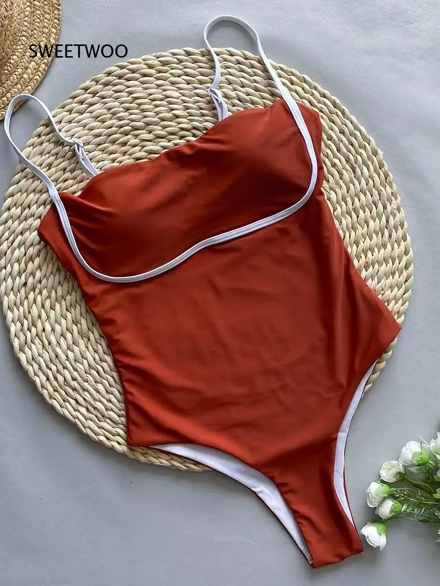 Women One Piece Swimsuit Spaghetti Strap Square Neck Ruched Bathing Suit Trimmed Swimwear For Beach Pool Summer Seaside