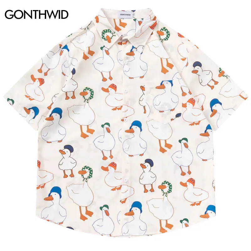 

Harajuku Hawaiian Shirts Funny Cartoon Duck Goose Graphic Print Blouse 2024 Hip Hop Summer Loose Short Sleebe Button Beach Tops