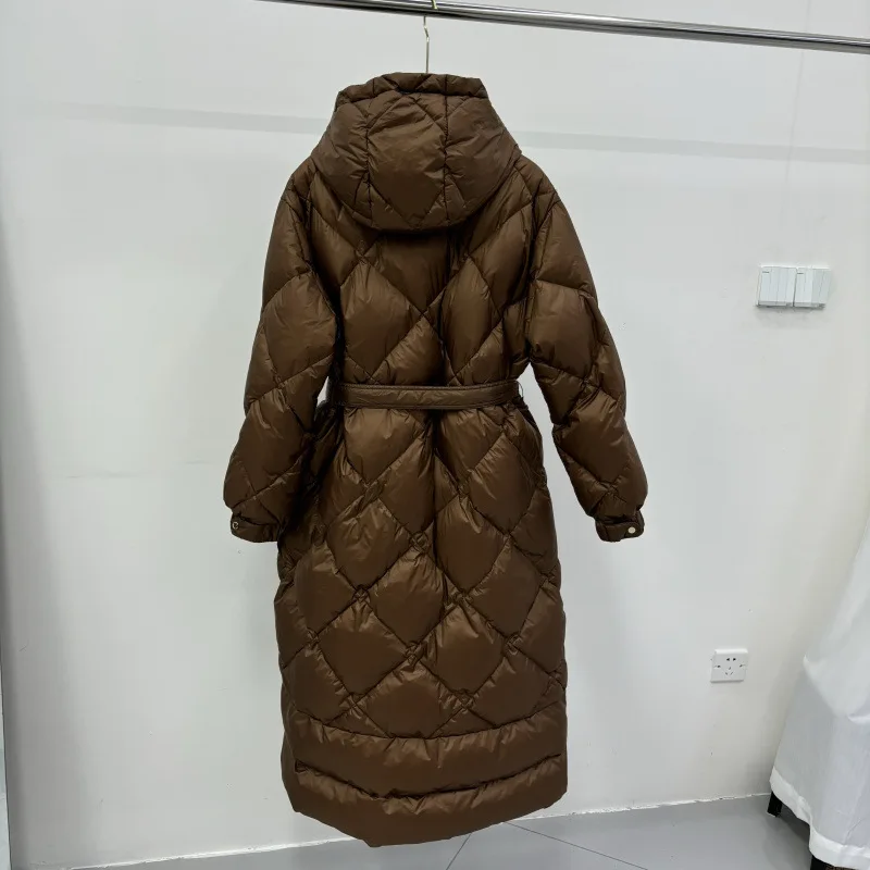 Schinteon Women White Duck Down X-Long Jacket Autumn Winter Warm Office Lady Outwear with Hood Belt Argyle Fashionable Coat 2025